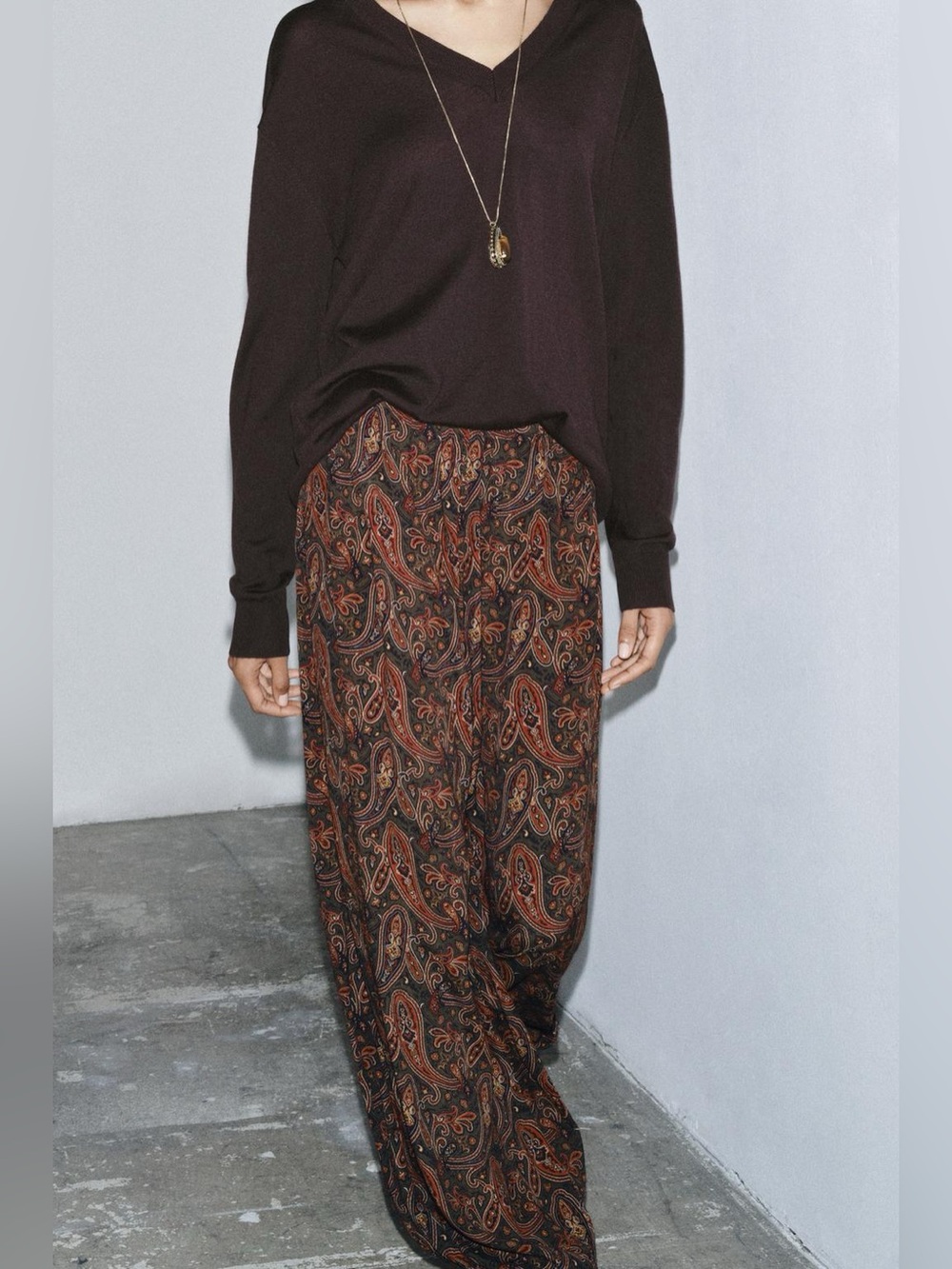Zara Brown Paisley Wide-Leg Trousers - Picture 2 of 10